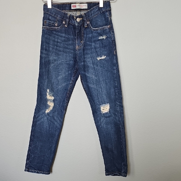 Levi's Dark Blue Distressed 502 Regular Taper Jeans Boy Size 8 Adjustable Waist - Picture 1 of 8